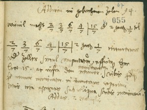 Scan einer Seite des Rechenbuchs des Johann Albert mit der Überschrift "Addiren in gebrochenen Zalen"